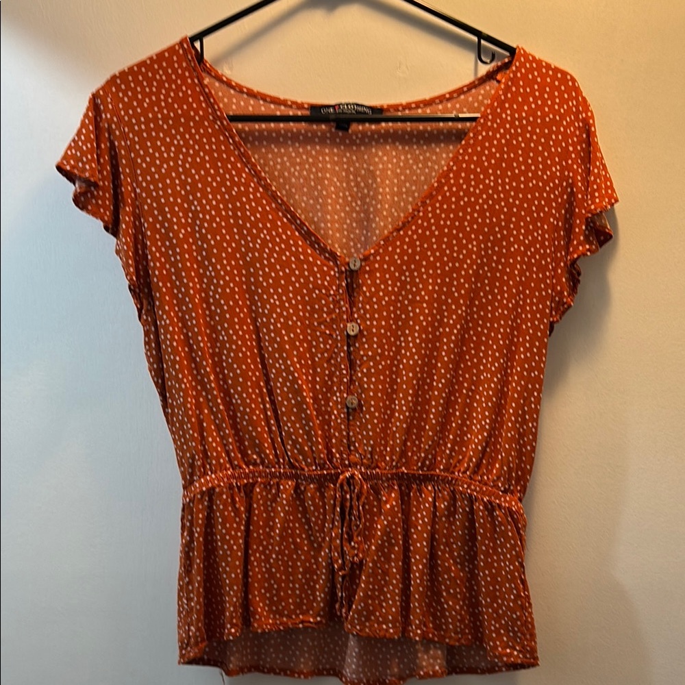 One Clothing Orange Buttoned Tie Front Peplum Blouse